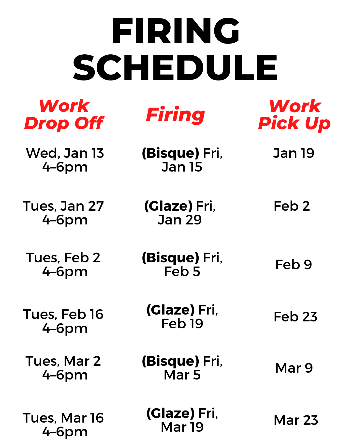 2021 Ceramics Firing Schedule