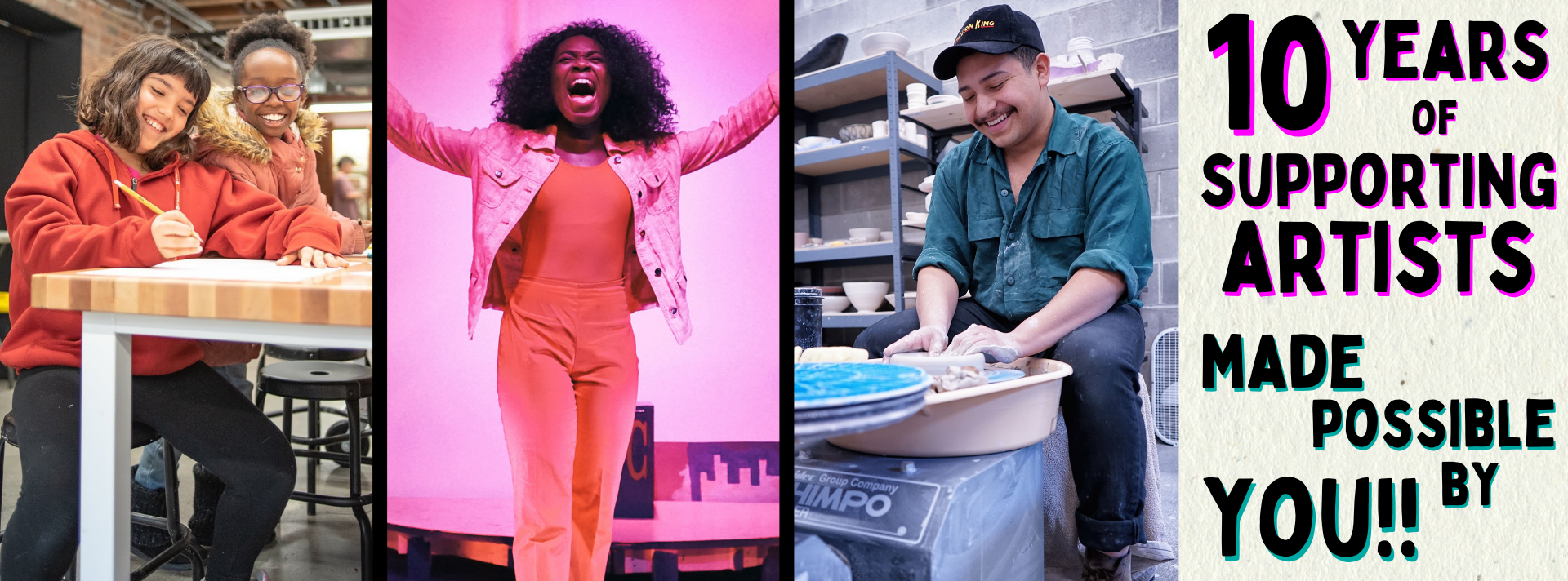 3 photos two young girls drawing together an actress singing on stage and a Co Op member thorwing on the pottery wheel Text reads 10 Years of Supporting Artists Made Possible By You