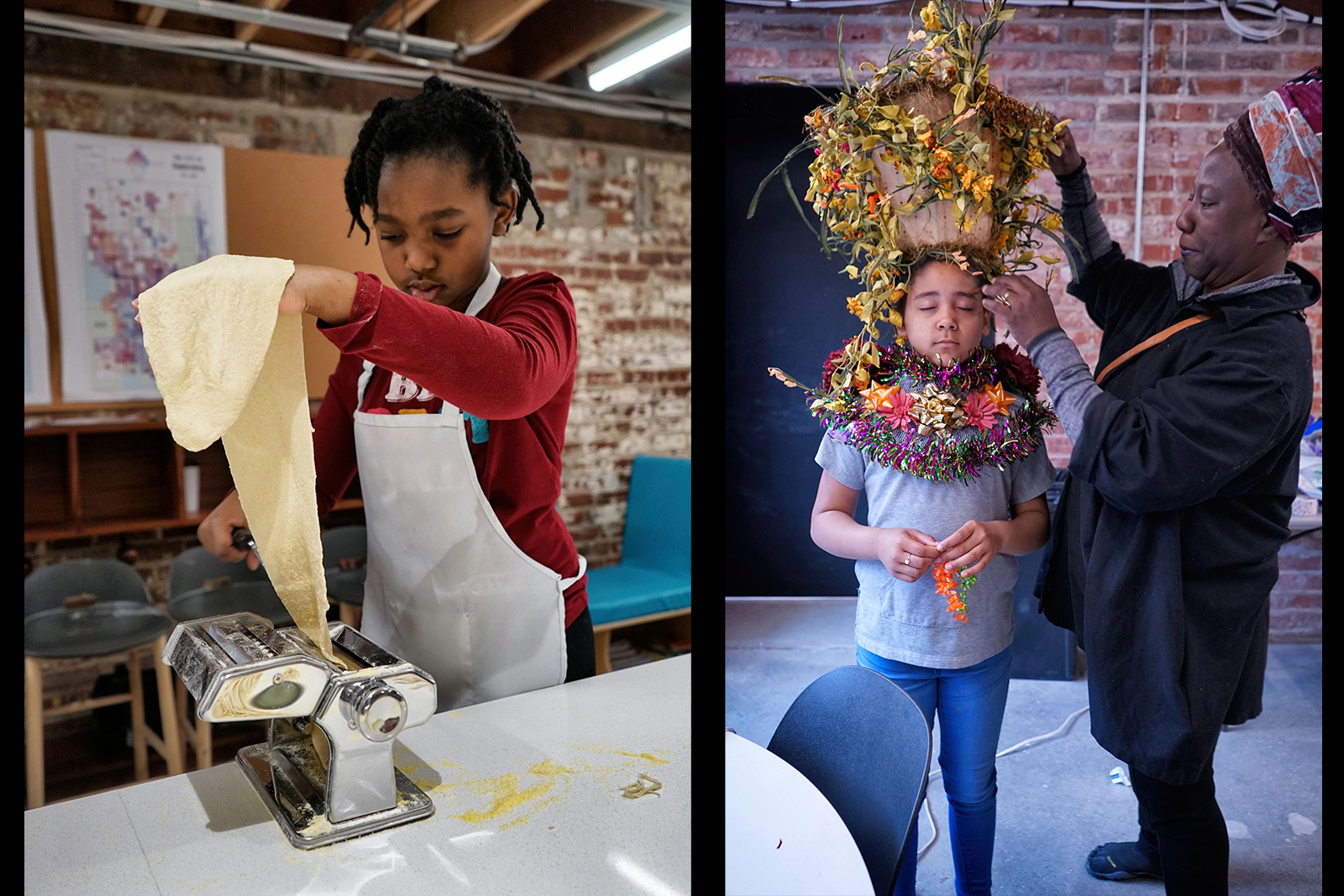 A young girl makes handmade pasta Another young girl stand still while her grandmother positions an elaborate decorative crown of flowers on her head