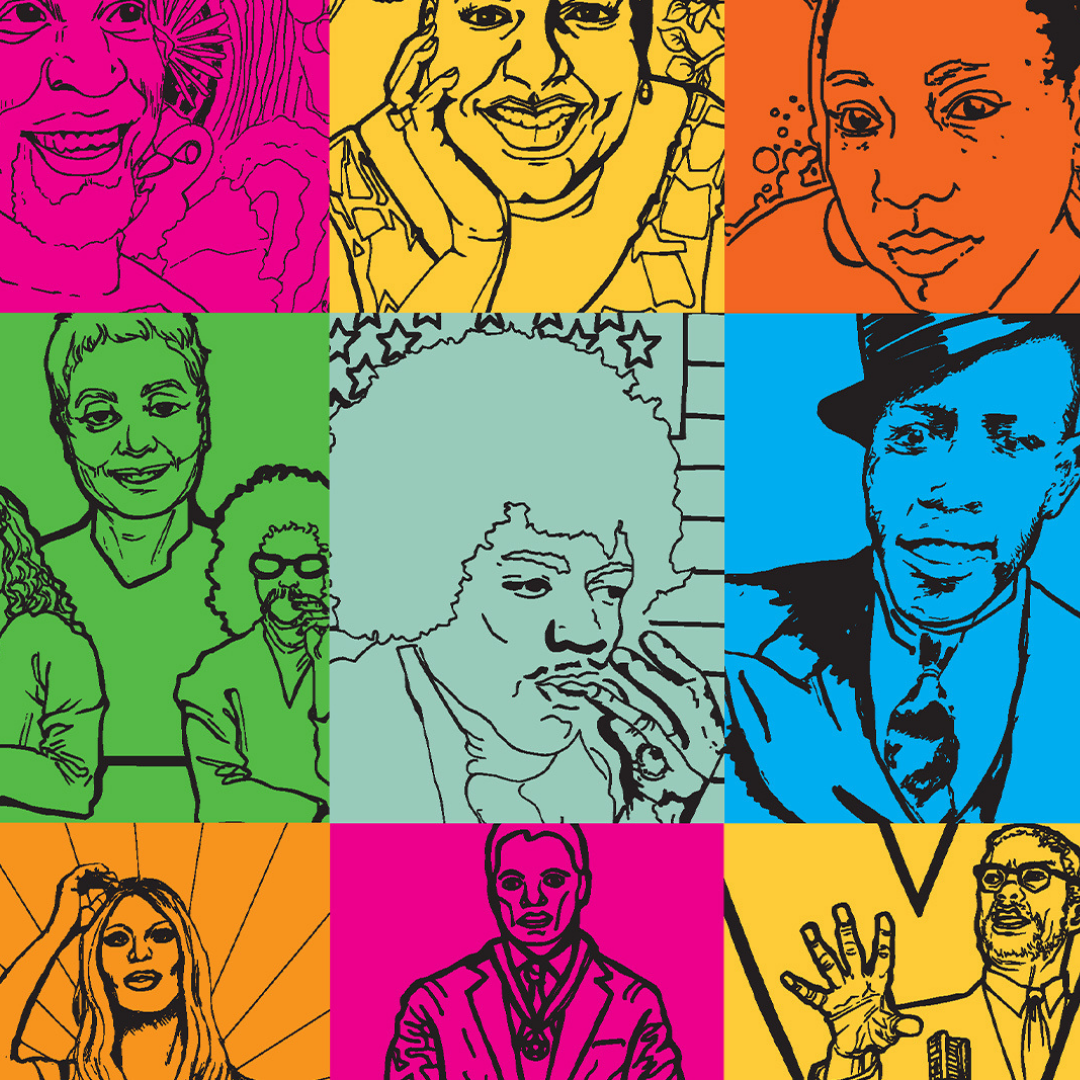 Art at home collage of 9 Black artists and musicians from a coloring book activity