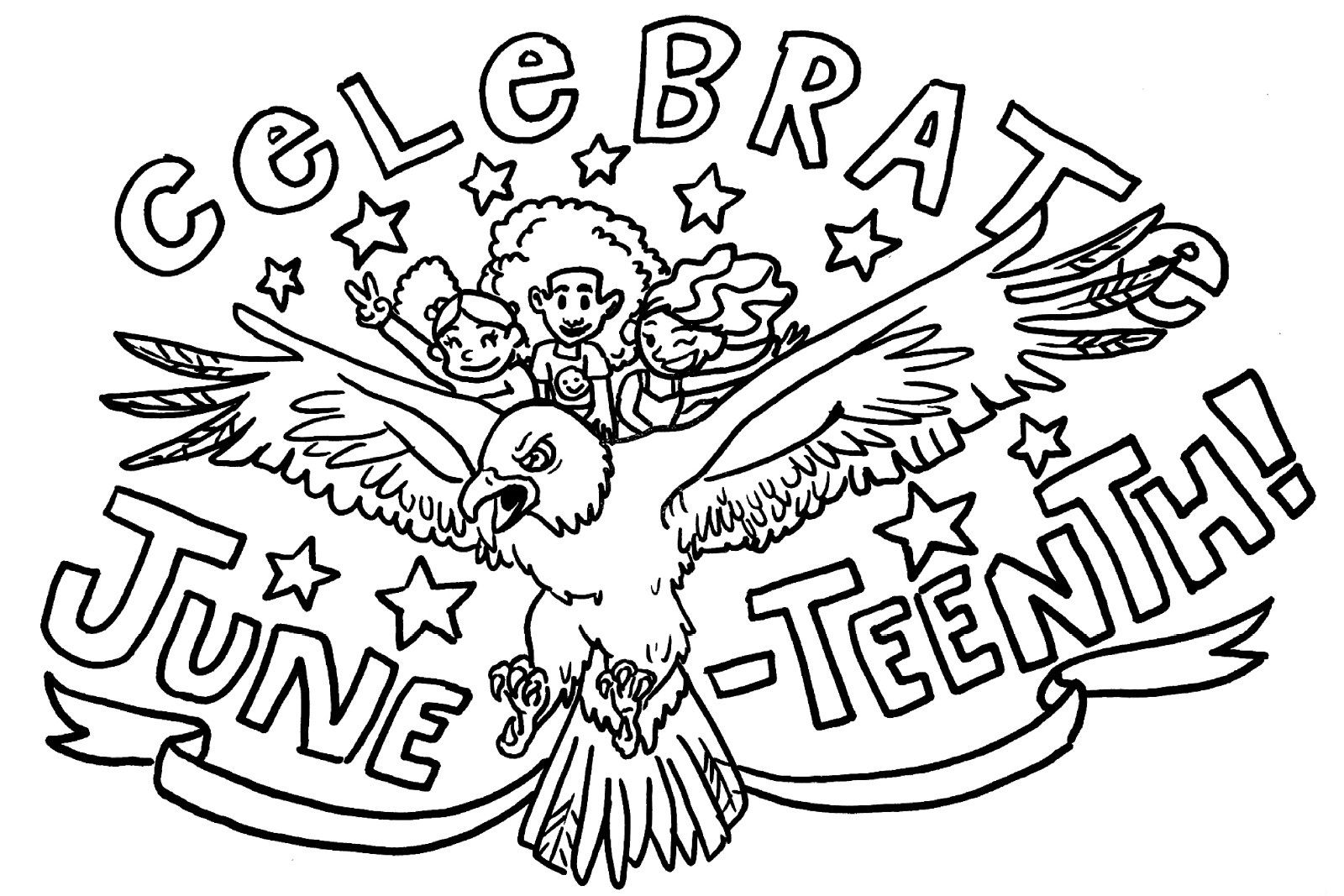 Coloring book pages with the text Celebrate Juneteenth and three children riding an eagle