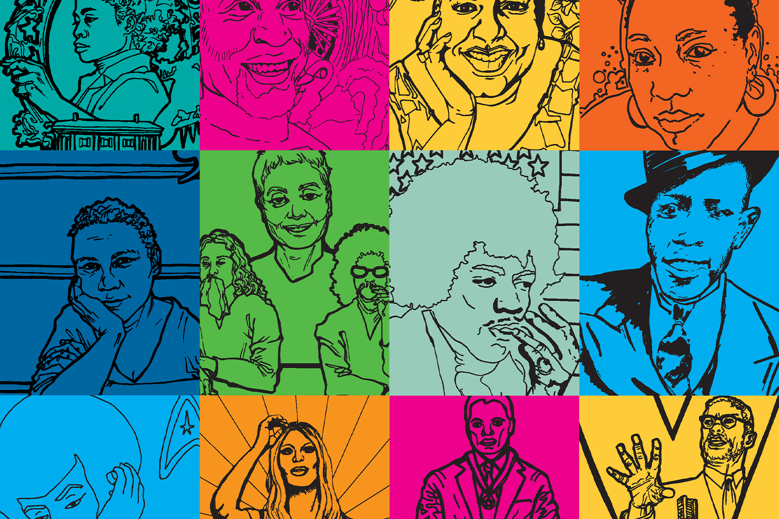 Creative Color coloring book cover including 12 frames of multicolor line drawing portraits of historic Black culture figures.