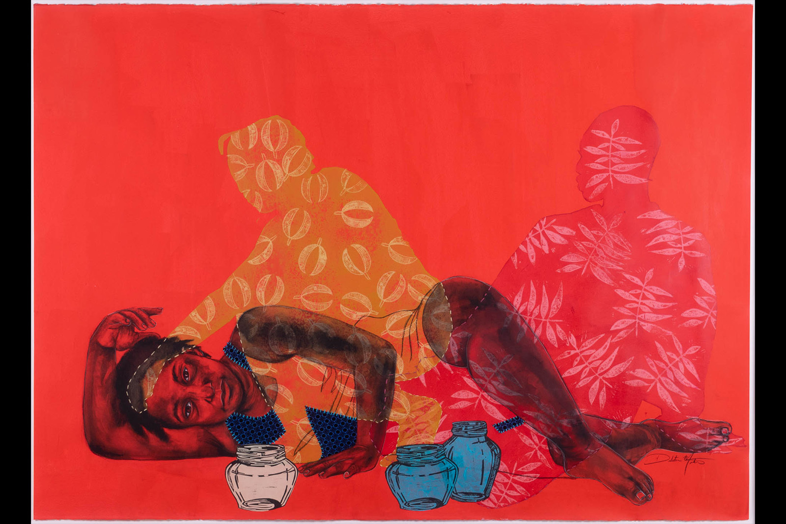 Delita Martin mixed media work among shadows shows a figure reclining on her side while two human shillouhettes sit beside her