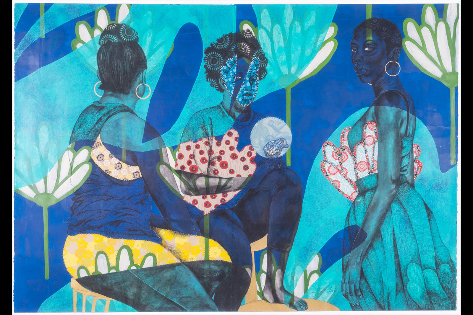 Delita Martin mixed media work trinity three figures on a blue background one looking away two looking at the viewer
