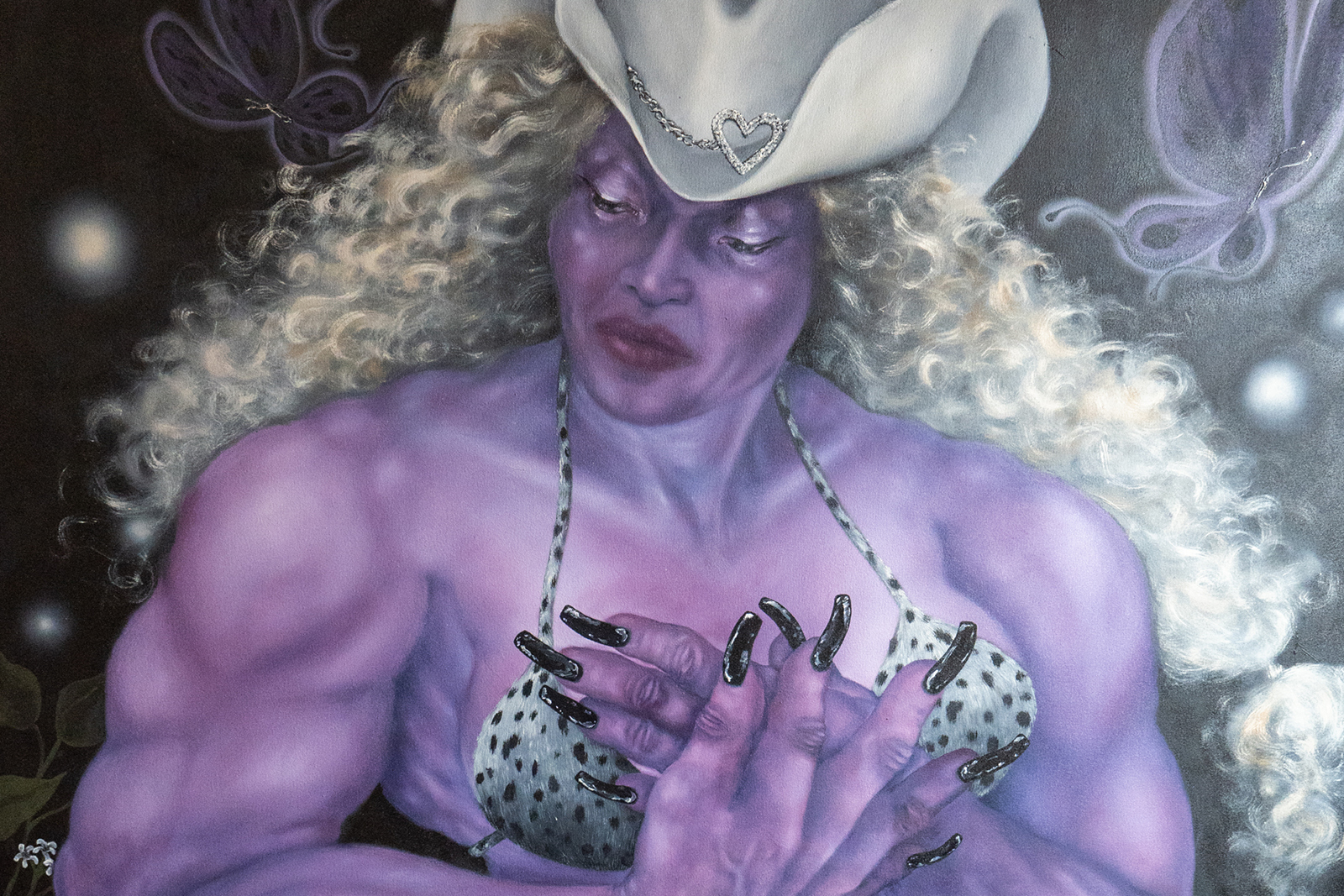 Detail image of Christine Stormbergs painting 22 The Heart is a Lonely Hunter 22 A Purple cowgirl with long blonde hair holds her hands to her chestjpeg