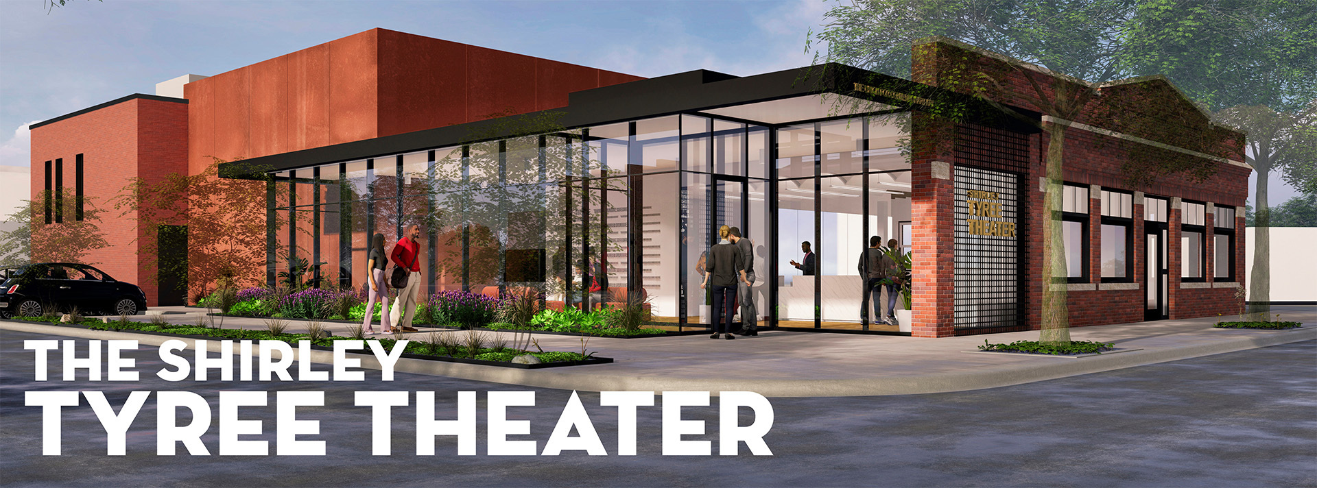 Exterior rednering of Shirley Tyree theater with text overlay that reads The Shirley Tyree Theater