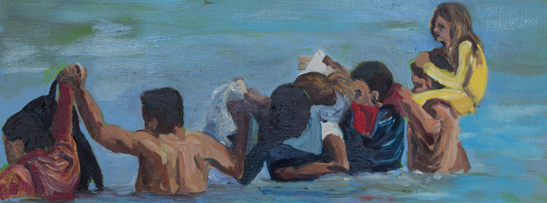 Header A Painting Of A Line Of People Wading Through Chest High Water A Child Sits On The Shoulders Of One Person