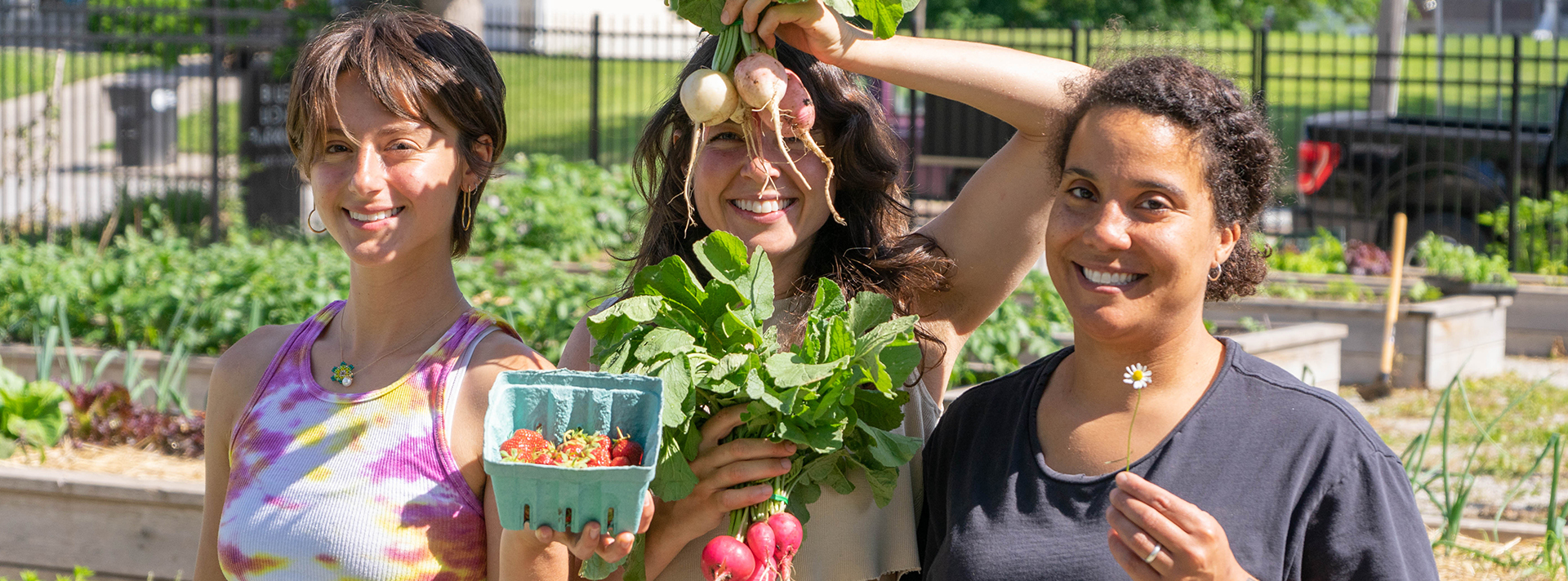 Header Three People Stand In The Abundance Garden Holding Harvested Produce