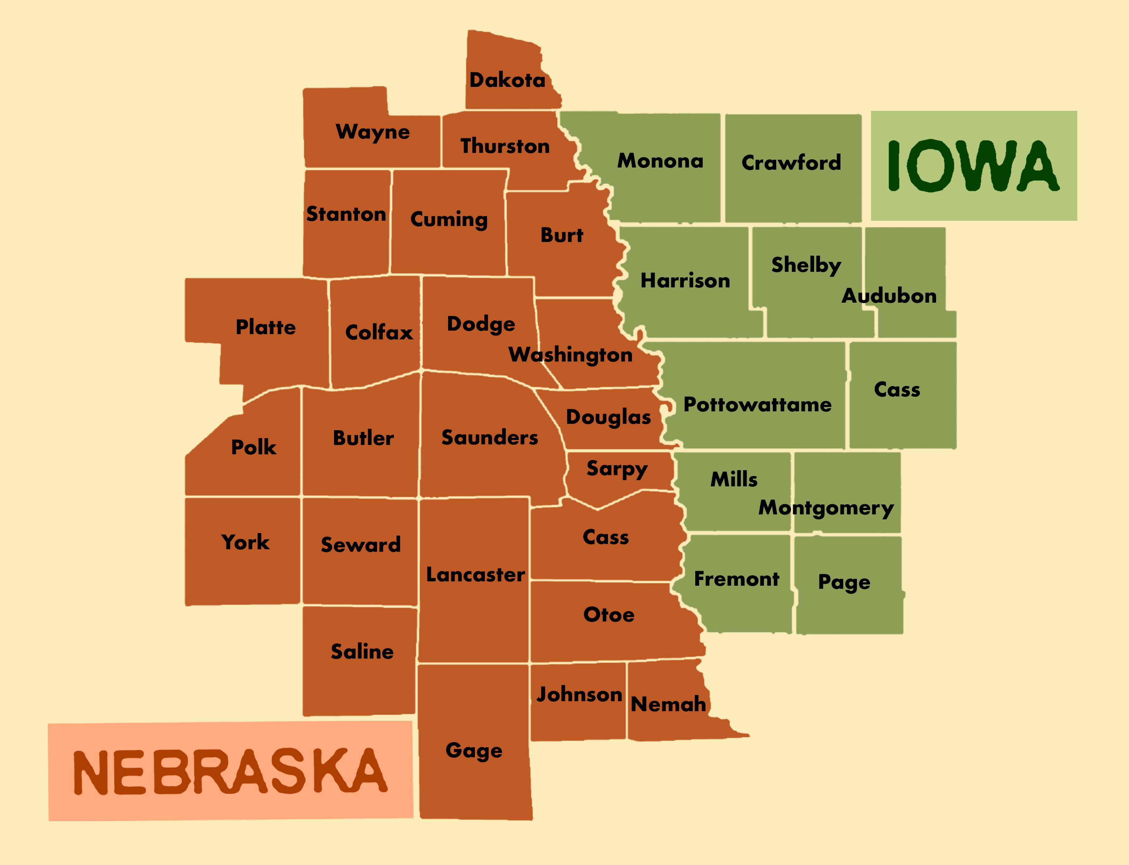 Map of eligible Populus Fund counties in Nebraska and Iowa