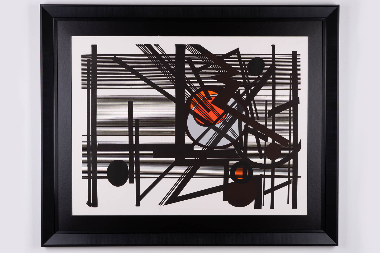 Mavis Pusey Print with black lines and a bright orange circle