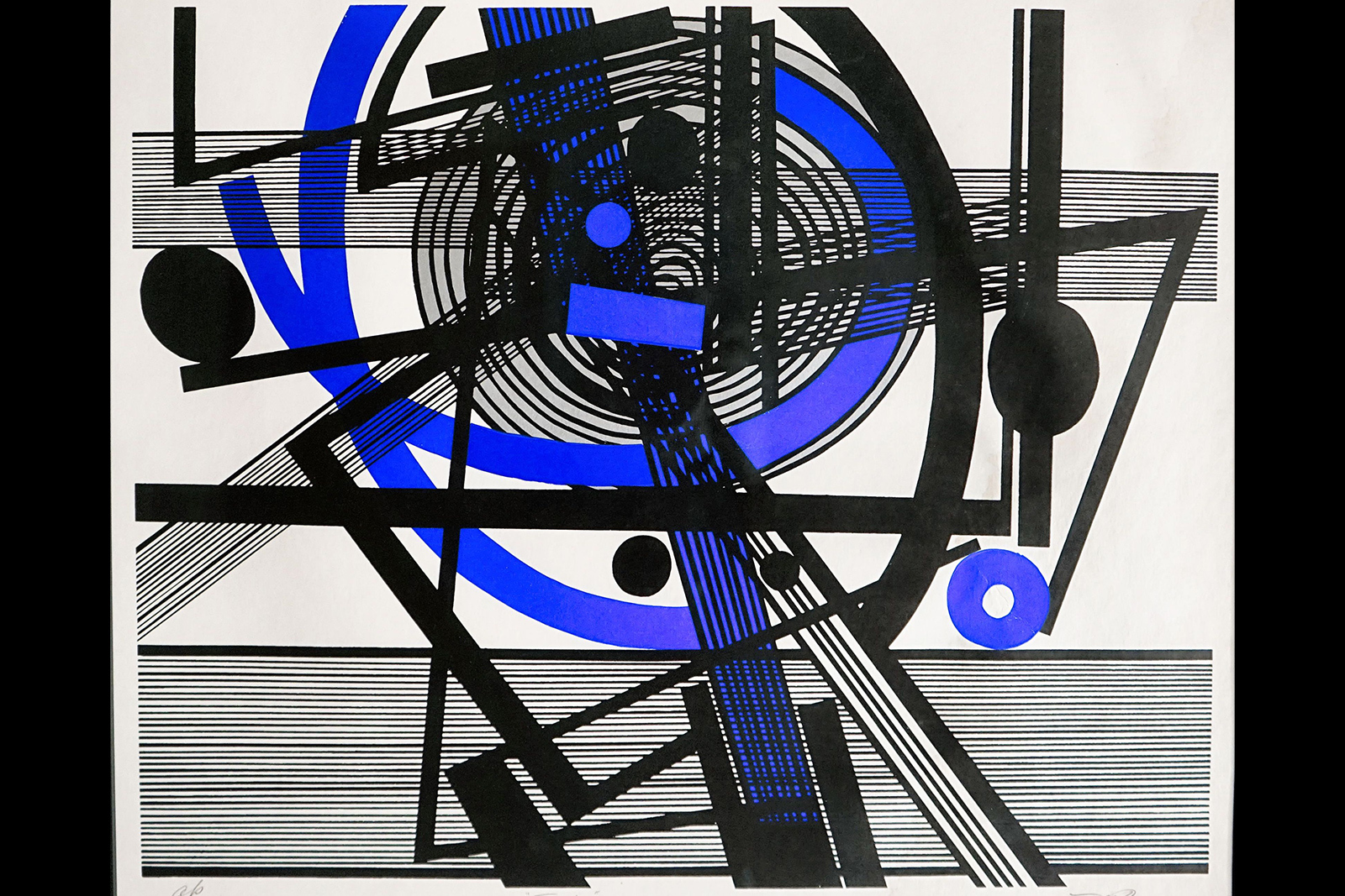 Mavis Pusey work Eric a print against white paper with several thin black line intersecting and blue overlaid highlights