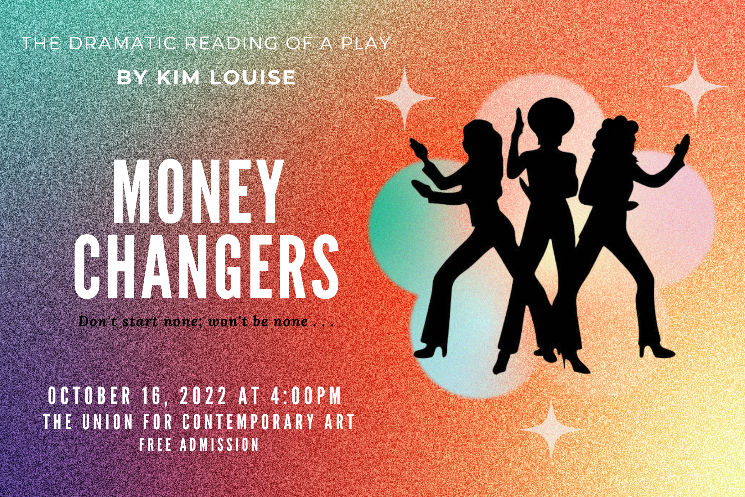 Money Changers graphic The silhouette of three women stand against a sparkle background