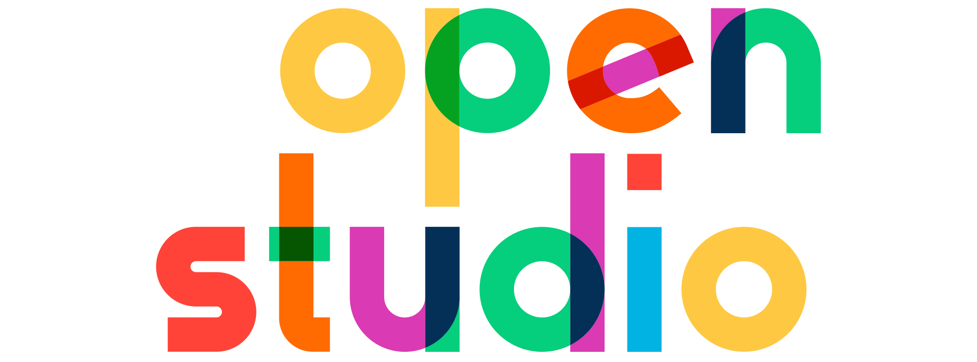 Open Studio Banner multicolor words Open Studio on white background