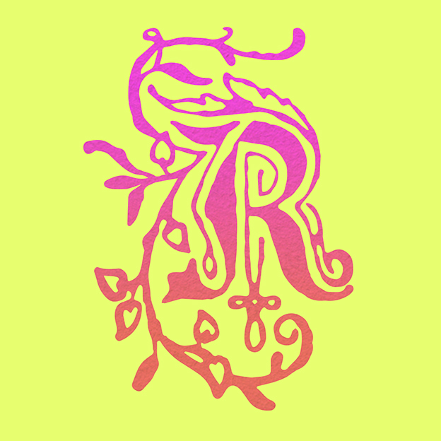Reformed Love Logo feautring a decorative capital letter R in redish hues against a yellow background