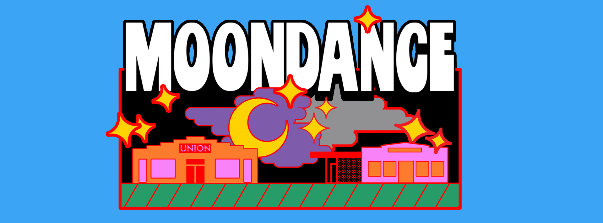 The 2024 Moondance Logo feautring a colorful rendering of The Union and Shirley Tyree Theater with a moon and stars above