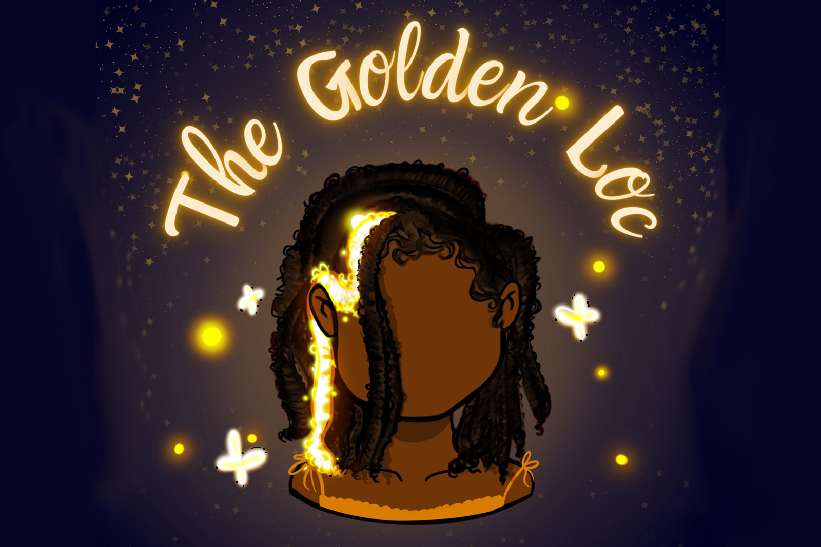 The Golden Loc A drwaing of a young Black girl with one golden loc against a dark blue background with stars