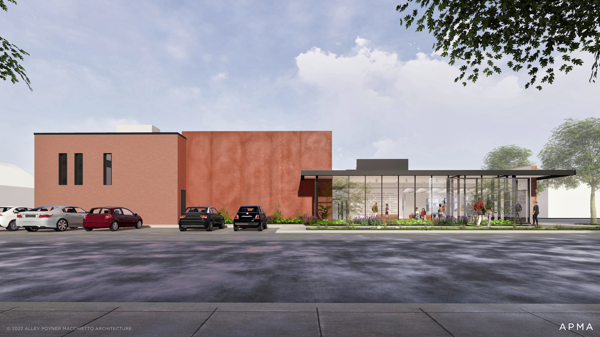 Theater redndering the north side of the building in red brick and glass with a parking lot in the foreground