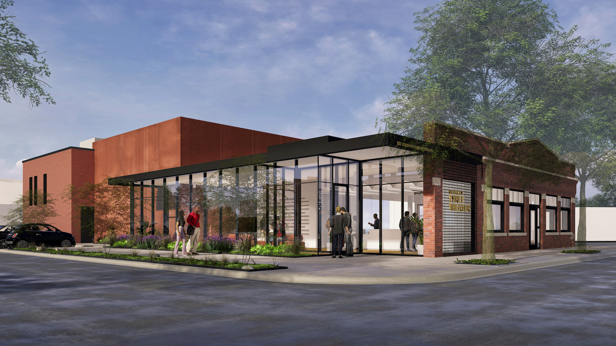 Union theater rendering exterior view with a glass front and red brick