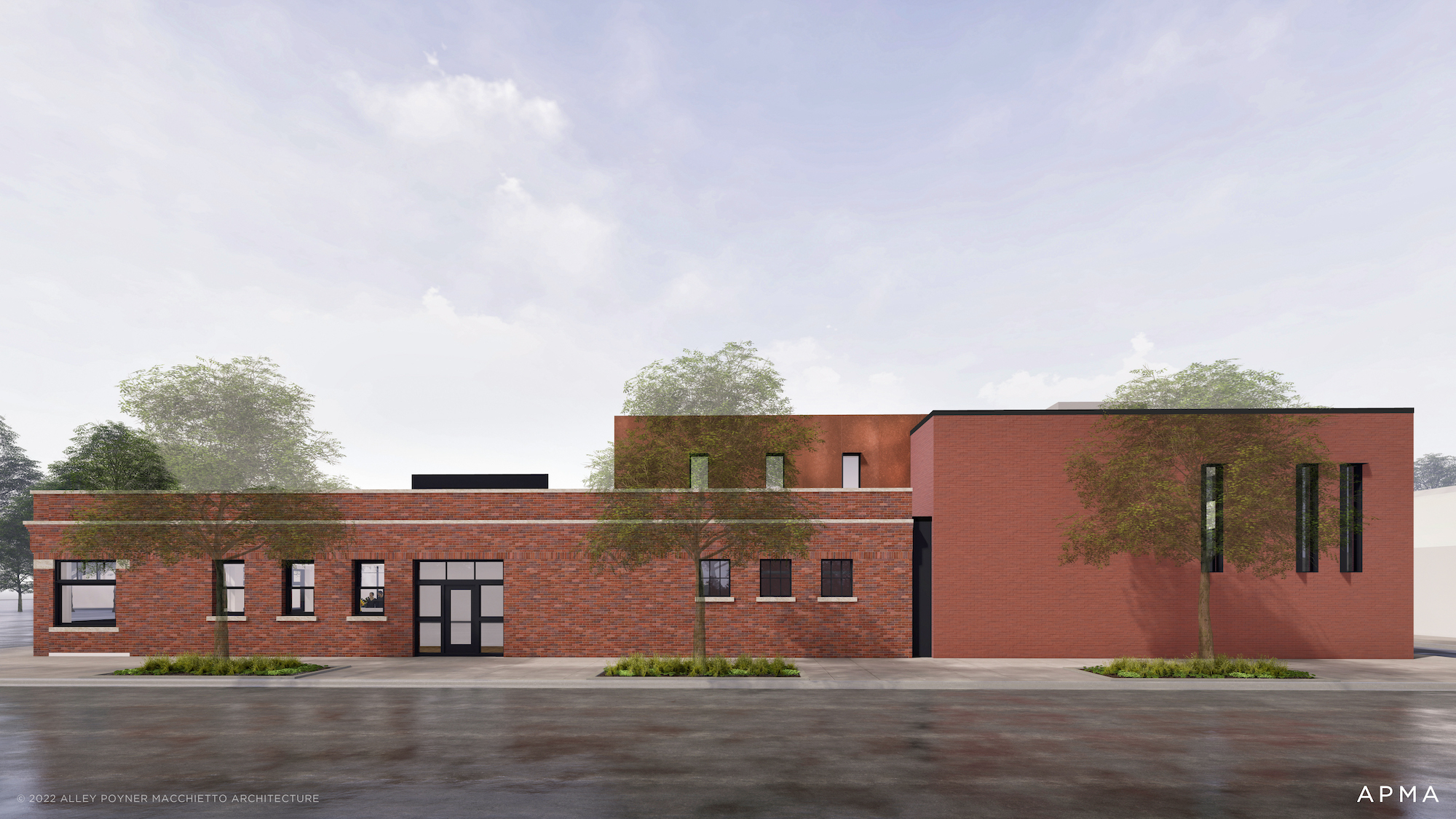 Union theater rendering south wall Red brick with trees in the foreground