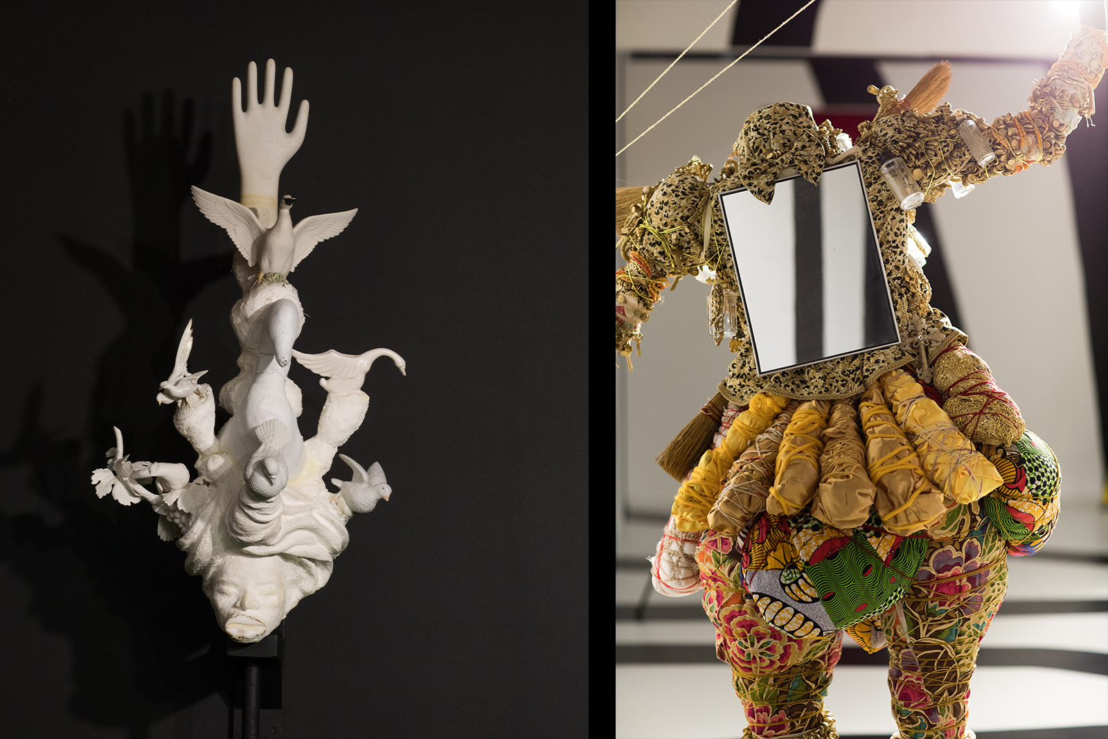 Vanessa German - White head sculpture against a black wall (birds and an out stretched hand extend from the head). Second image is the back side of an life-size sculptural figure, made with bright, tightly-woven fabric and a gilded mirror on the back.