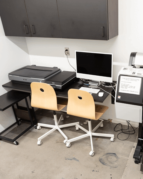 Animated GIF of 3 images of the digital design studio with computer scanner and large format printer