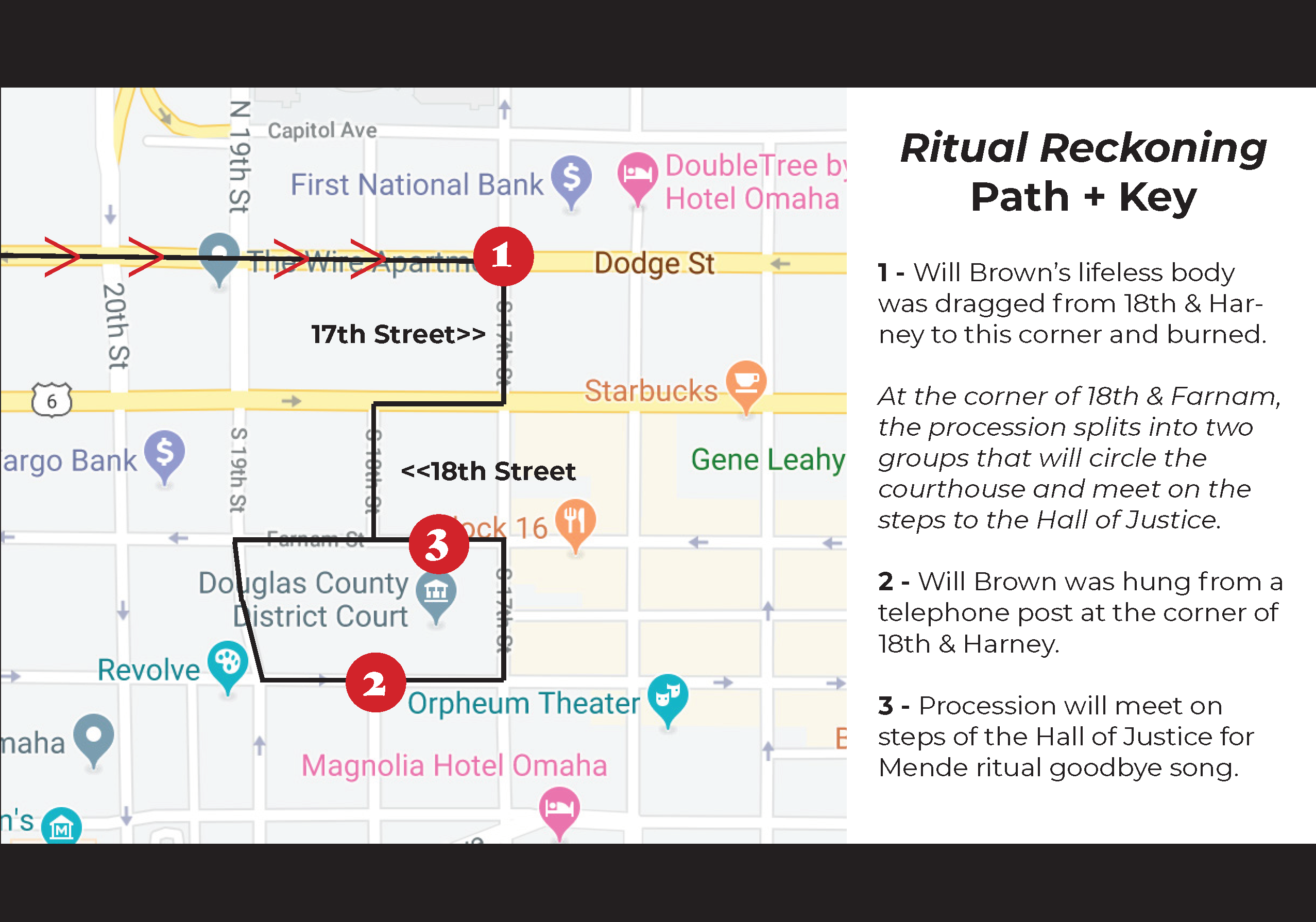 Vanessa German Ritual Reckoning Map - Detail, showing locations where Will Brown's body was hung and burned.