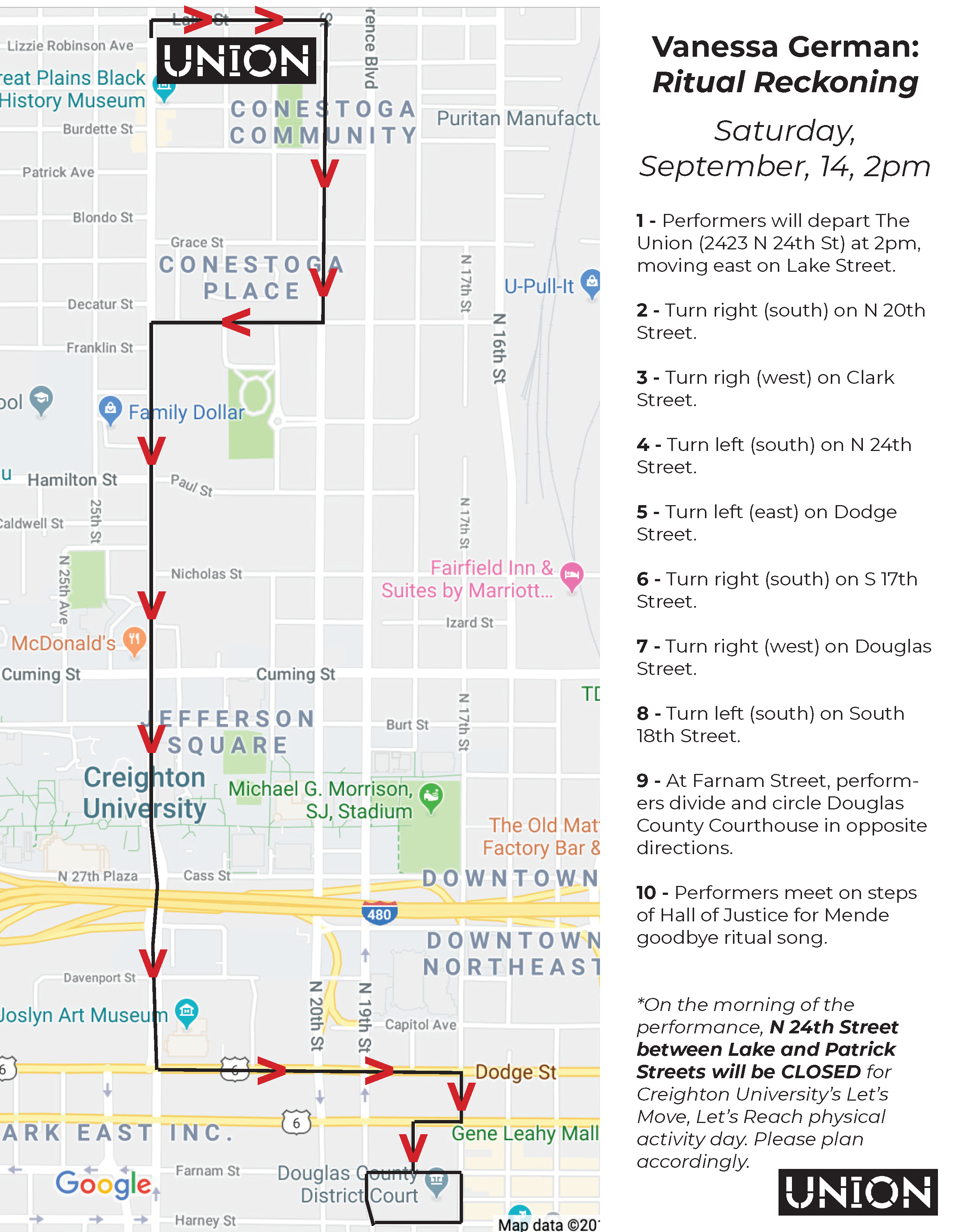 Vanessa German Ritual Reckoning walking path map - full frame showing path from The Union to Douglas County Courthouse