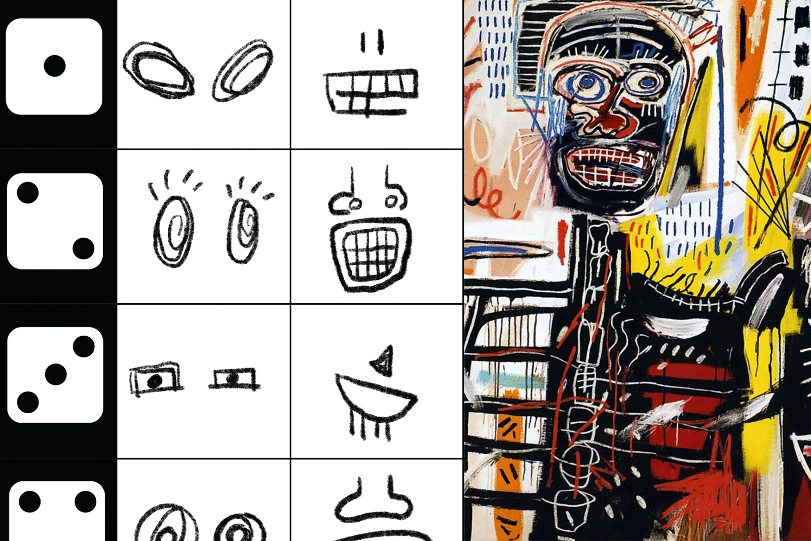 Roll a Basquiat detail image, including dice, image components, and detail image of Basquiat painting of a skeletal figure